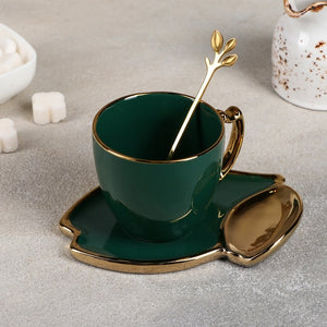 Pair of tea "Livona", cup 150 ml, saucer 14 cm, spoon, emerald